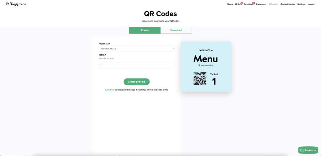 Create Qr code menu downloadable file