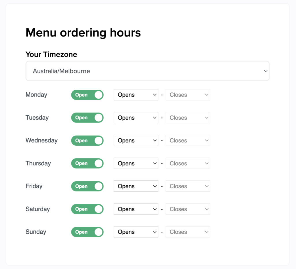 QR code menu ordering opening hours configuration