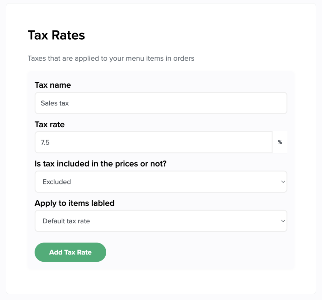 QR code menu ordering tax rate configuration