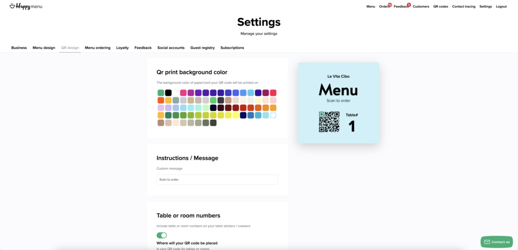 QR code menu downloadable print file settings